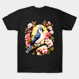 Cute Tufted Titmouse Surrounded by Vibrant Spring Flowers T-Shirt